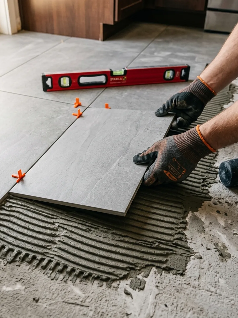Artisan carreleur C-Ramica posant du carrelage grand format avec précision en Moselle