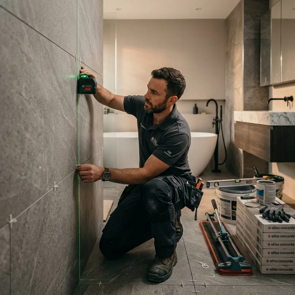 Carreleur professionnel posant de la faïence murale lors d'une rénovation de salle de bain en Moselle