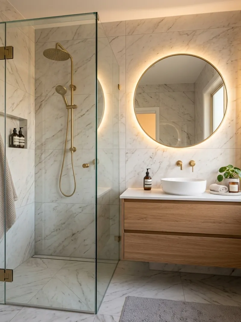 Salle de bain moderne rénovée avec carrelage mural et douche à l'italienne par C-Ramica