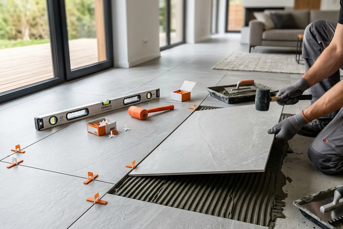 Pose de carrelage grand format par un artisan carreleur professionnel en Moselle
