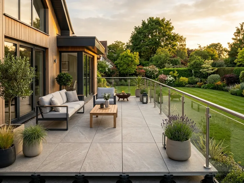 Terrasse moderne avec dalles sur plots en grès cérame posées par C-Ramica