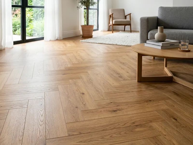 Parquet stratifié chêne clair posé dans un salon moderne à Thionville