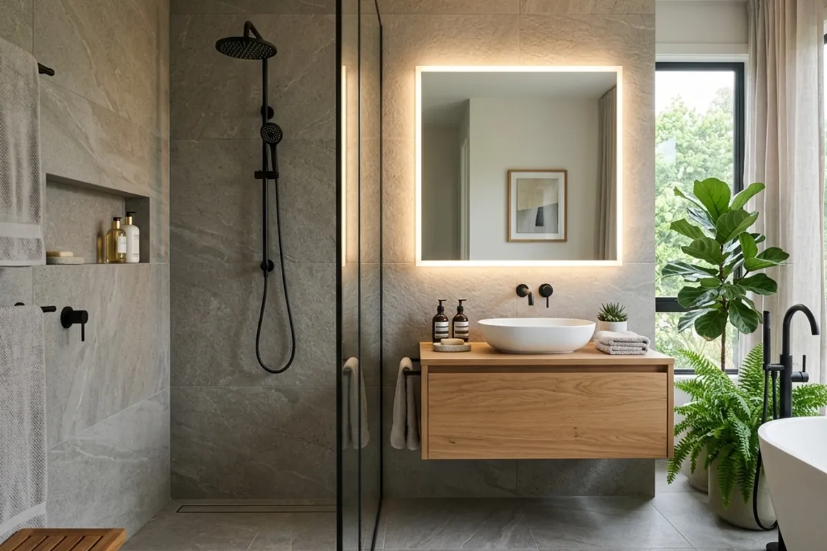 Rénovation complète de salle de bain avec douche italienne et carrelage mural