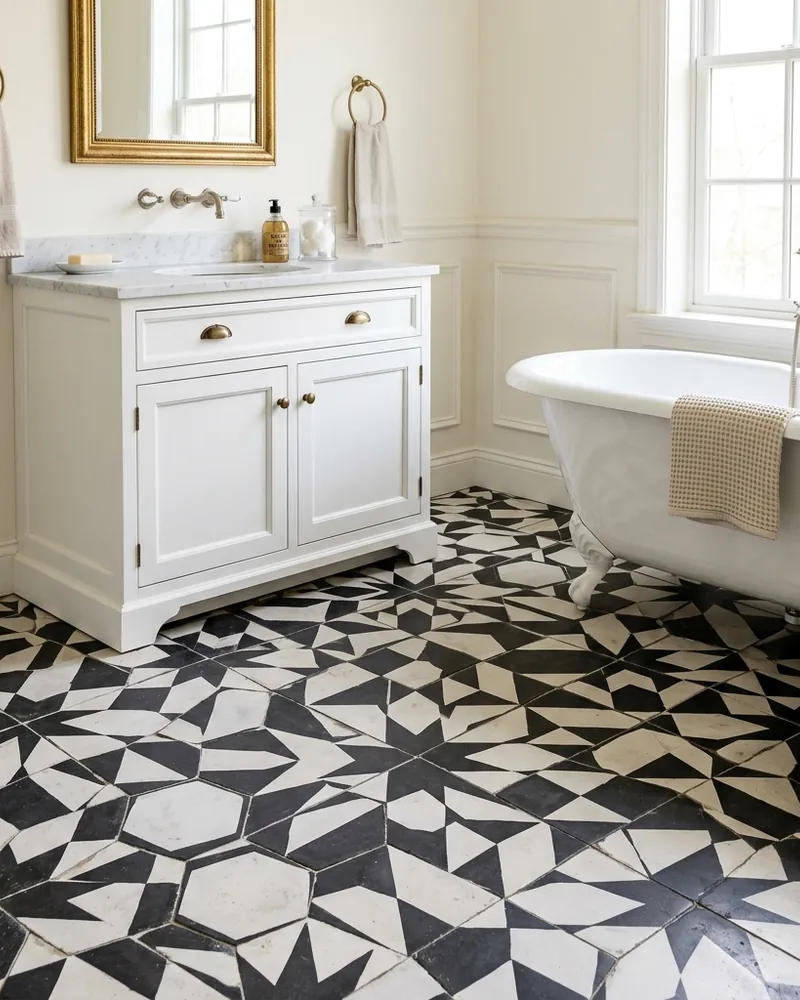 Salle de bain avec sol en carreaux de ciment noir et blanc motif étoile