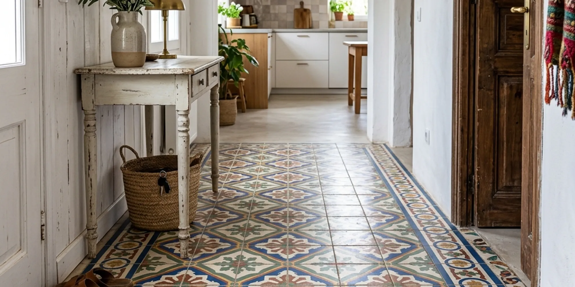 Sol en carreaux de ciment décoratifs à motifs géométriques colorés