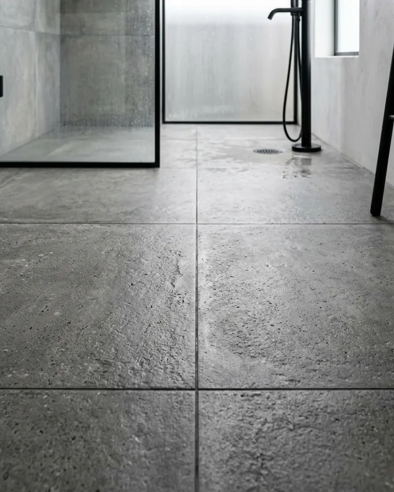 Salle de bain avec carrelage effet béton gris au sol et douche vitrée