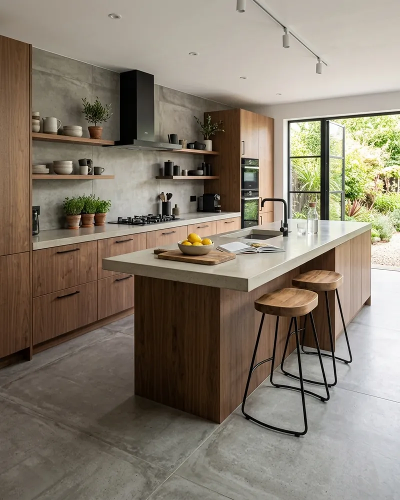 Cuisine moderne avec sol en carrelage effet béton et îlot central