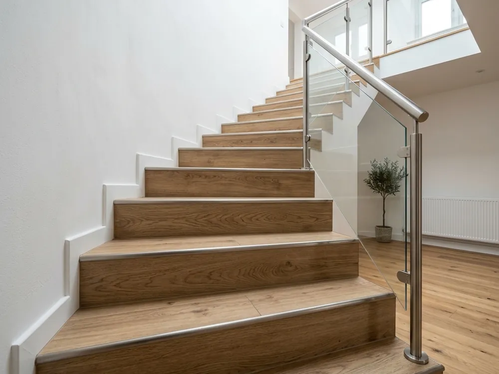 Détail d'un escalier carrelé avec nez de marche