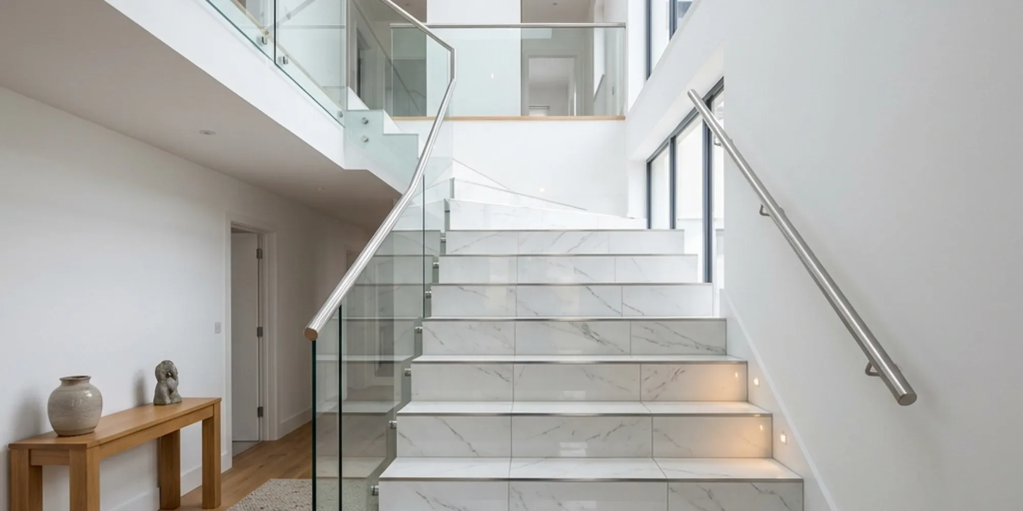 Escalier moderne habillé de carrelage grand format avec nez de marche