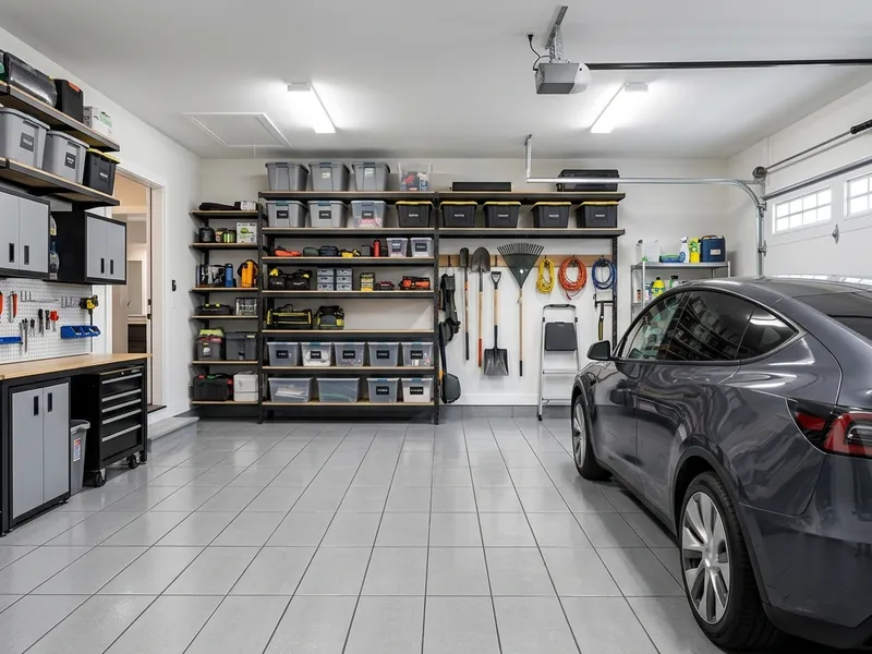 Garage propre avec sol carrelé haute résistance aux produits chimiques