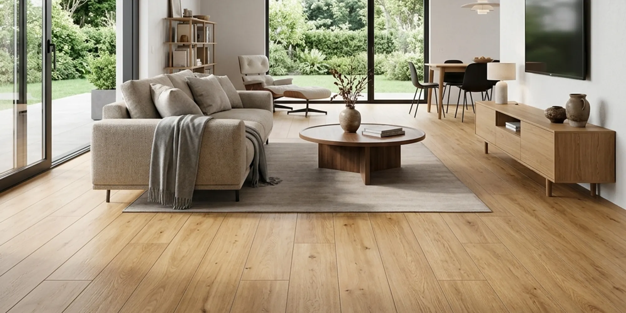 Salon moderne avec carrelage imitation parquet