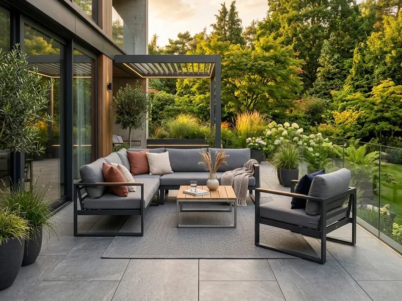 Terrasse moderne carrelée avec mobilier de jardin contemporain