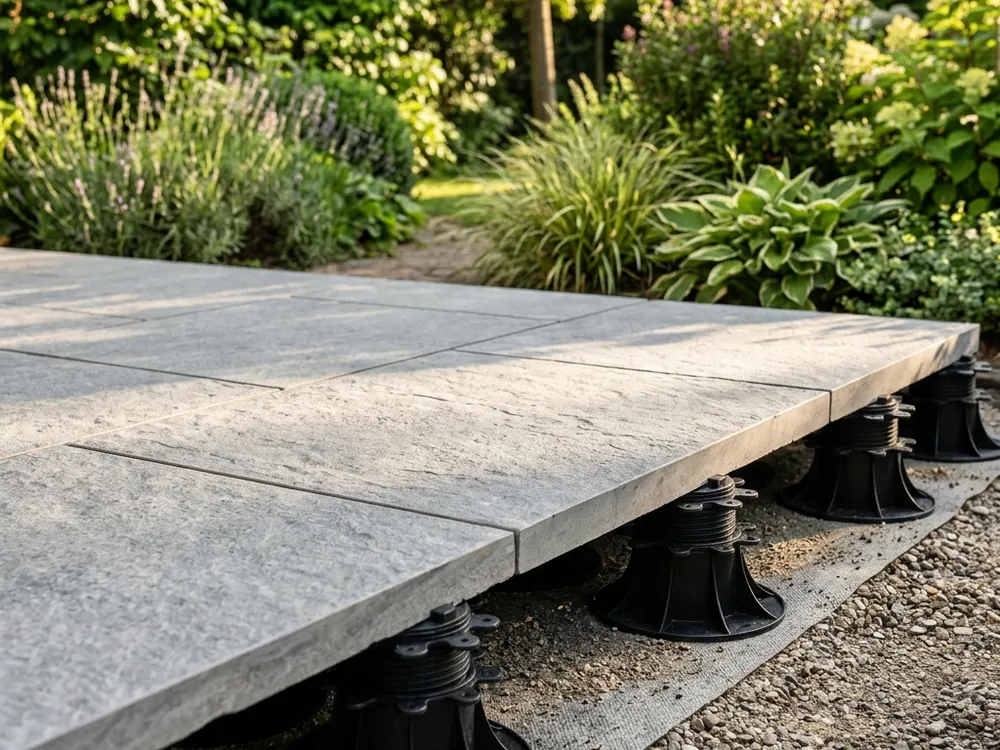 Détail système de dalles sur plots réglables pour terrasse extérieure