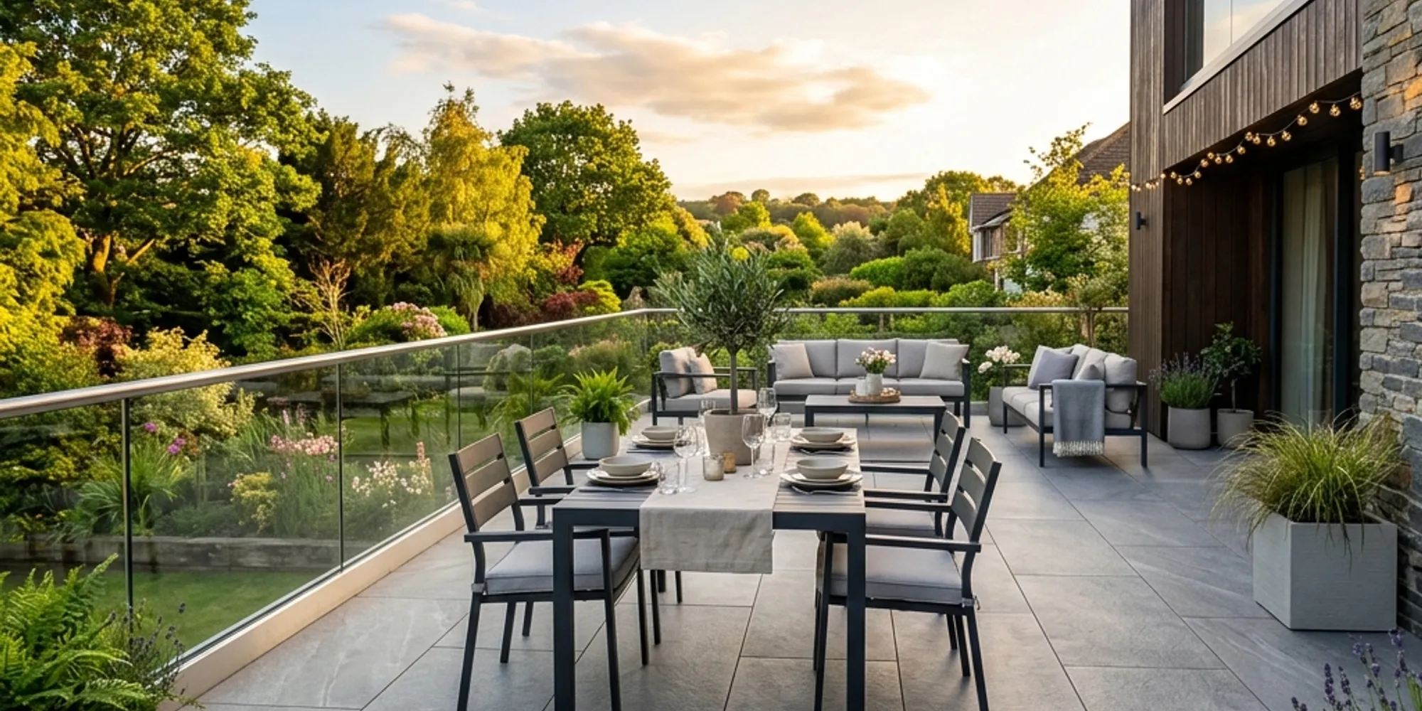 Terrasse extérieure aménagée avec dalles sur plots 20mm en grès cérame