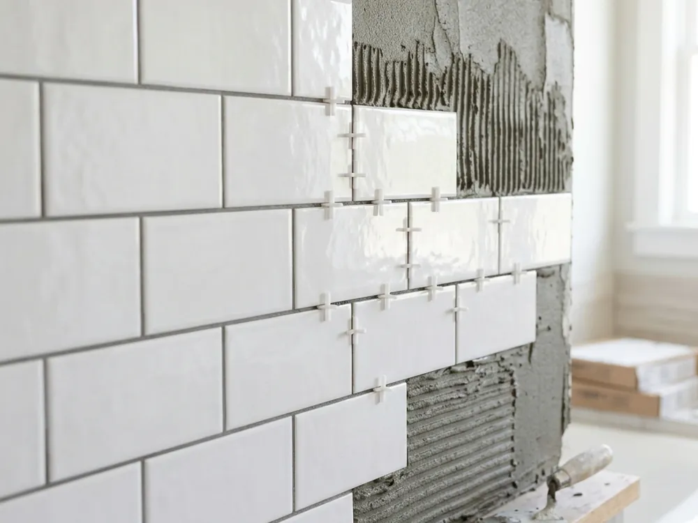 Pose de faïence murale blanche subway dans une salle de bain